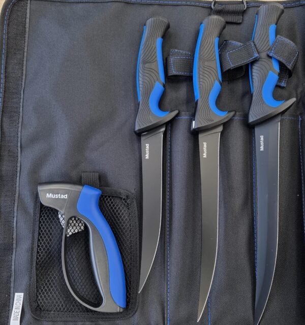 MUSTAD 3PCE KNIFE KIT PLUS SHARPENER (BLUE SERIES)